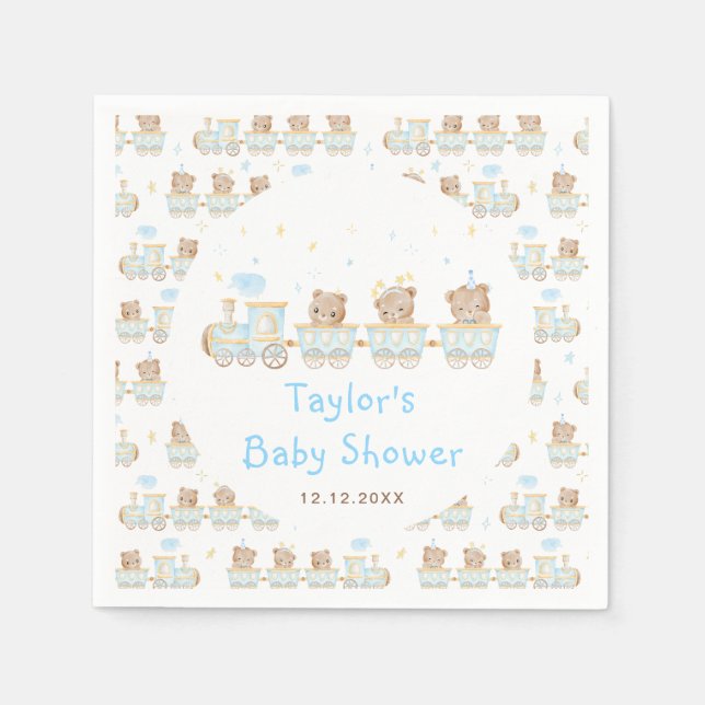 Serviette En Papier Baby Shower Train Bleu Ours (Devant)