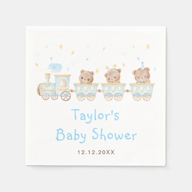Serviette En Papier Baby Shower Train Bleu Ours (Devant)