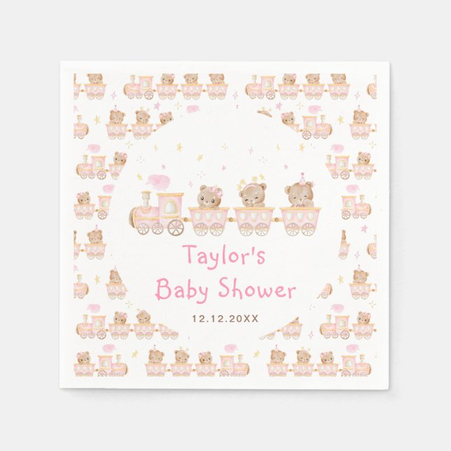 Serviette En Papier Baby Shower Train Rose Bear (Devant)