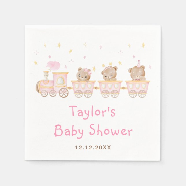Serviette En Papier Baby Shower Train Rose Ourson (Devant)