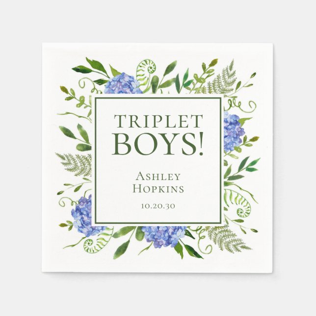 Serviette En Papier Baby shower Triplet Boys Blue Hydrangeas (Devant)