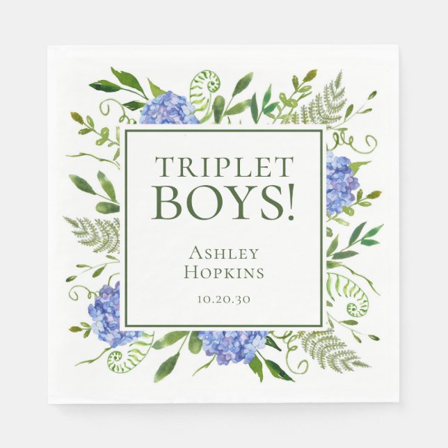 Serviette En Papier Baby shower Triplet Boys Blue Hydrangeas (Devant)