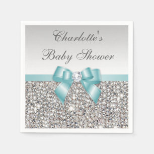 Serviette En Papier Baby shower turquoise de paillettes d'argent d'arc