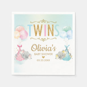 Serviette En Papier Baby shower Twins Boy Girl Elephant Balloons