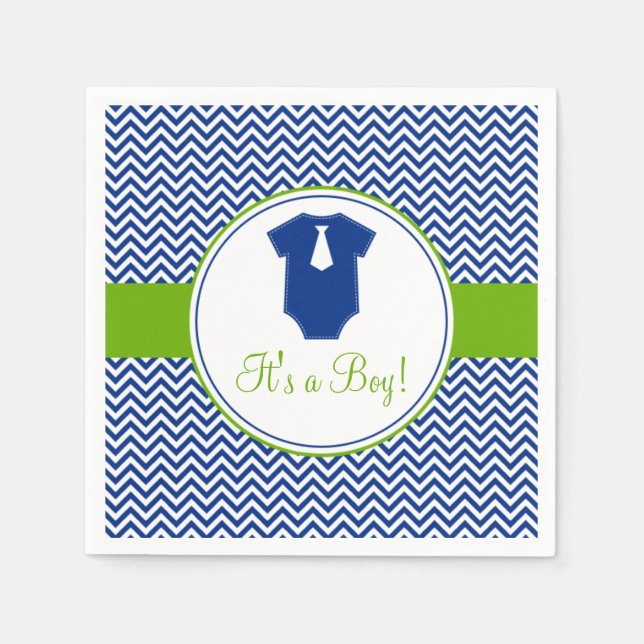 Serviette En Papier Baby shower vert bleu Little Man Chevron (Devant)