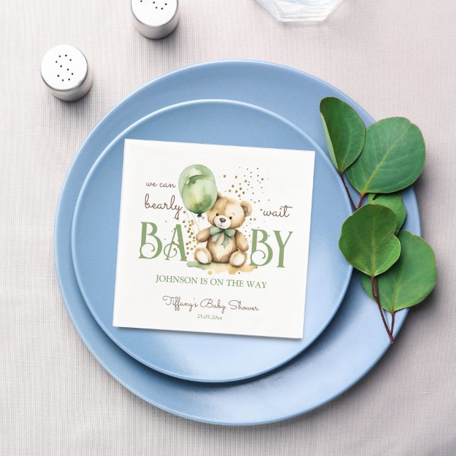 Serviette En Papier Baby shower vert brun brun à l'ours en peluche (Bearly wait cute teddy bear sage green balloon baby shower monogram printed napkins table decor)