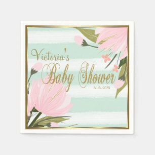 Serviette En Papier Baby Shower Vert Menthe et Rayure Rose