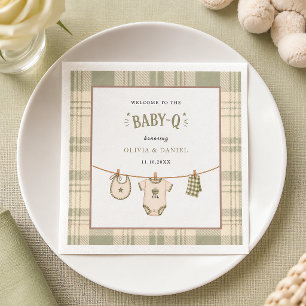 Serviette En Papier Baby-Shower Vert Sauge Gingham BBQ Vintage