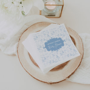 Serviette En Papier Baby shower Vintage Dusty Blue Blanc Fleurs Jouets