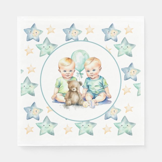Serviette En Papier Baby shower Watercolor Twin Boys (Devant)