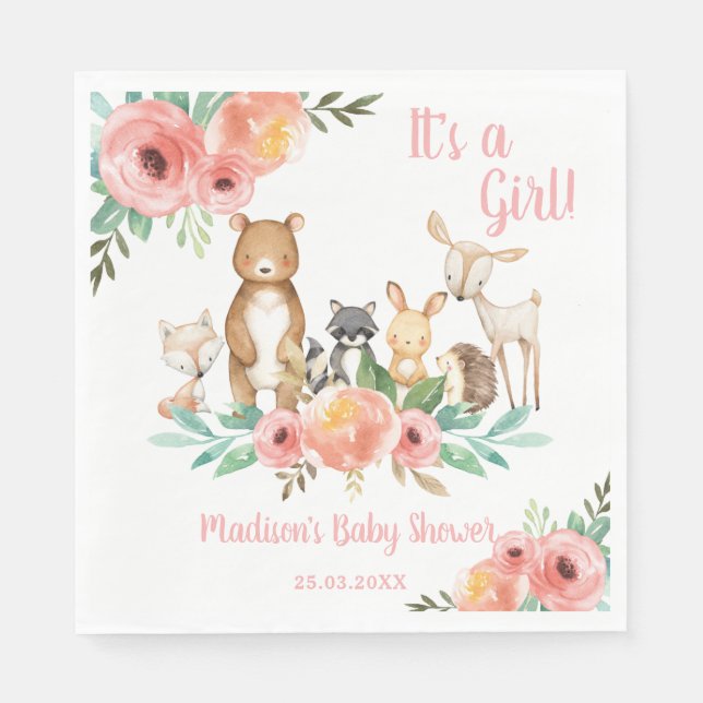 Serviette En Papier Baby shower Whimsical Floral Bois Animaux (Devant)