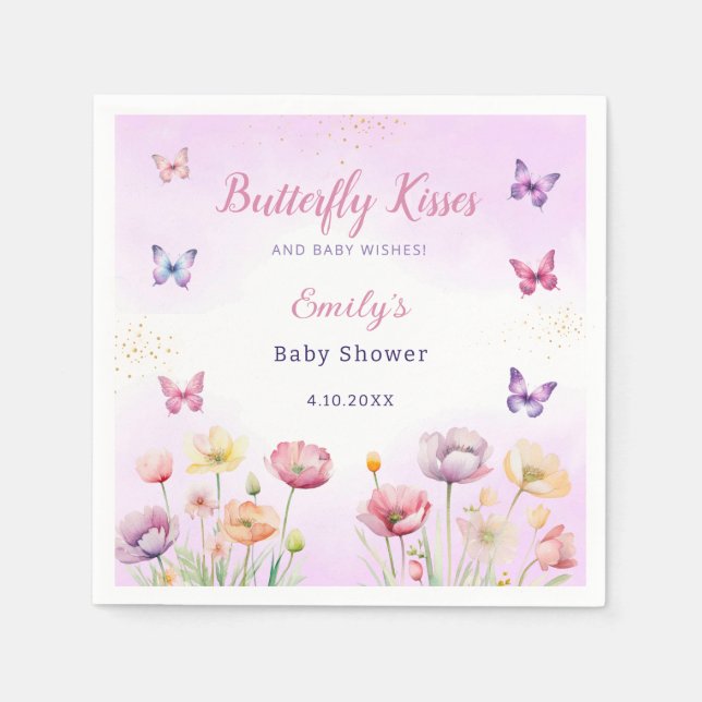 Serviette En Papier Baby showers de fille papillon moderne rose floral (Devant)