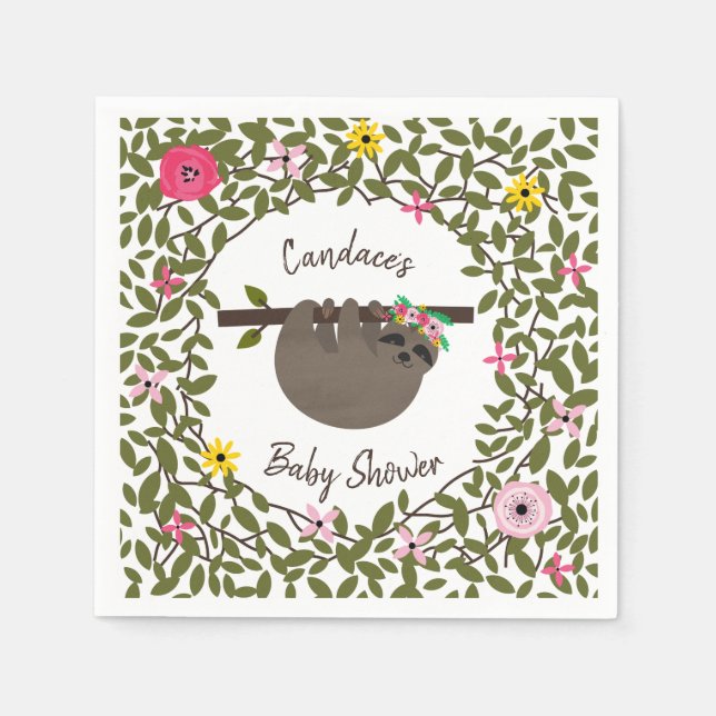 Serviette En Papier Baby Sloth Baby shower de verdure fleurie (Devant)