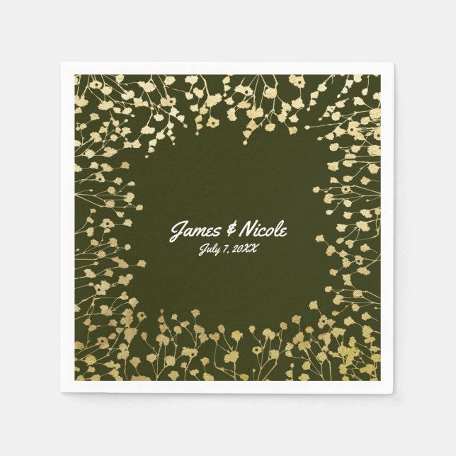 Serviette En Papier Baby's Breath doré Fleurs Rustique Vert Olive (Devant)
