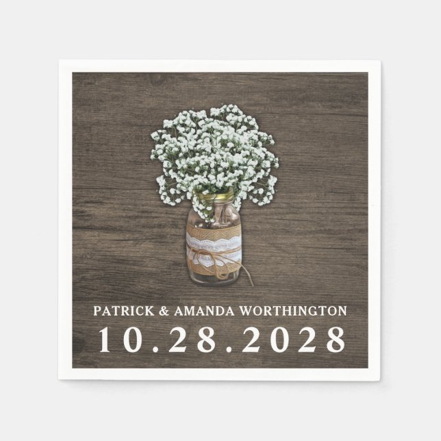 Serviette En Papier Baby's Breath Mason Jar Rustic Mariage serviettes (Devant)