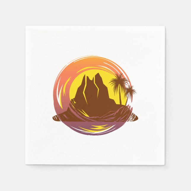 Serviette En Papier Badge avec paysage volcanique tropical et palmiers (Devant)