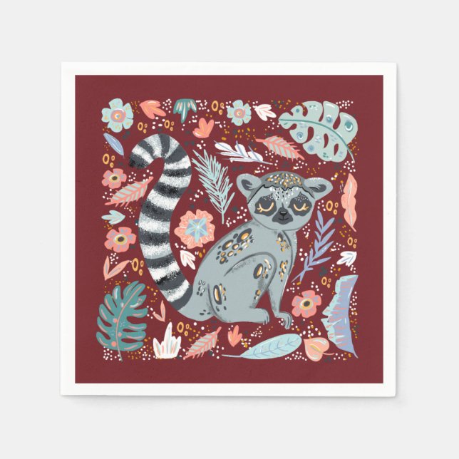Serviette En Papier Bague Queue Lemur Cute Floral (Devant)