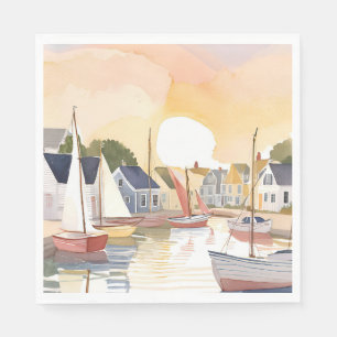 Serviette En Papier Baie des bateaux   Peinture aquarelle de l'océan c