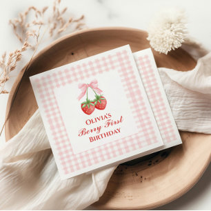 Serviette En Papier Baie premier anniversaire fraise Rose Ruban Gingha