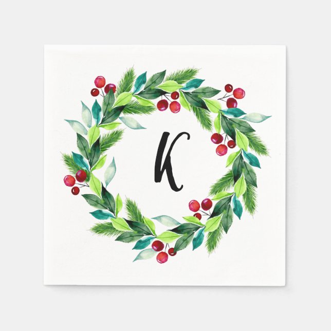 Serviette En Papier Baies de Couronne de Noël Monogramme (Devant)