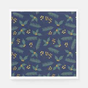 Serviette En Papier Baies de houx élégantes Noël botanique bleu or