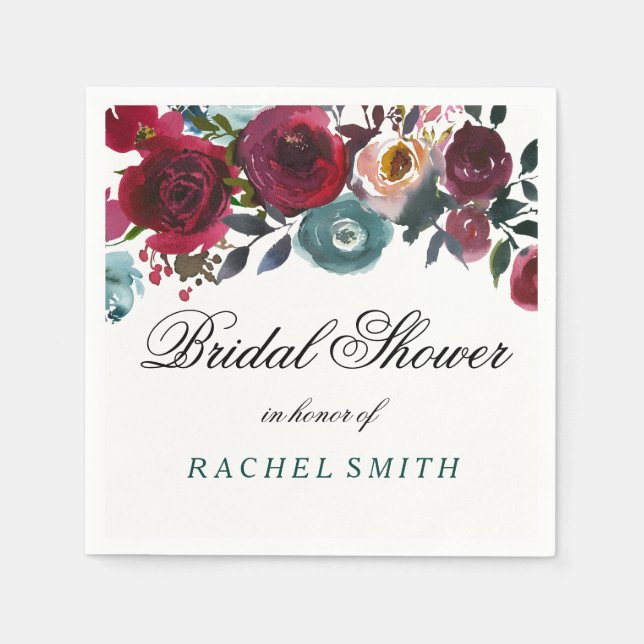 Serviette En Papier Baigne Boho Bourgon Rouge Fleurs Mariage (Devant)