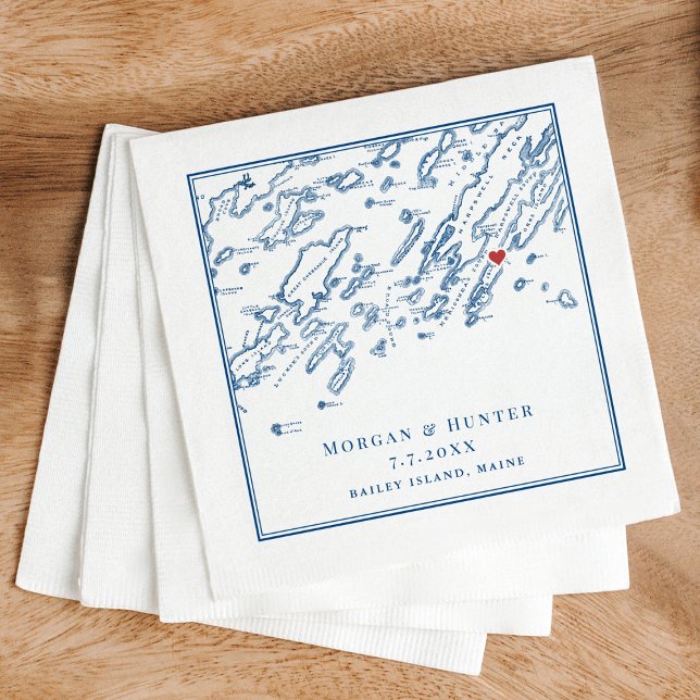 Serviette En Papier Bailey Island Maine Casco Bay Carte Marine Mariage (Bailey Island Maine Map Napkins for an elegant navy blue Casco Bay Wedding by Coastal Map Designs)