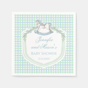 Serviette En Papier Bain de bébé garçon au gingham cheval en bois bleu