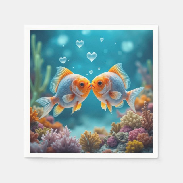 Serviette En Papier Baiser Poisson Océanique Avec Bulles Coeurs (Devant)