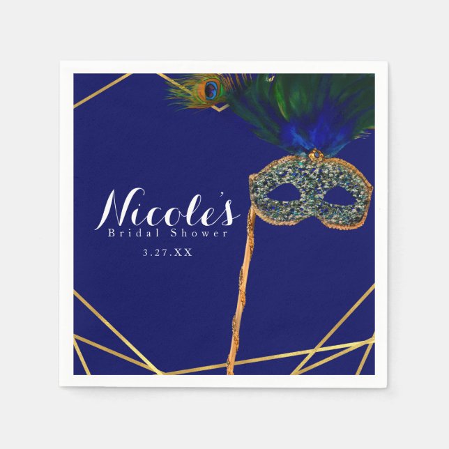 Serviette En Papier Bal masqué Paon personnalisé bleu et or (Devant)