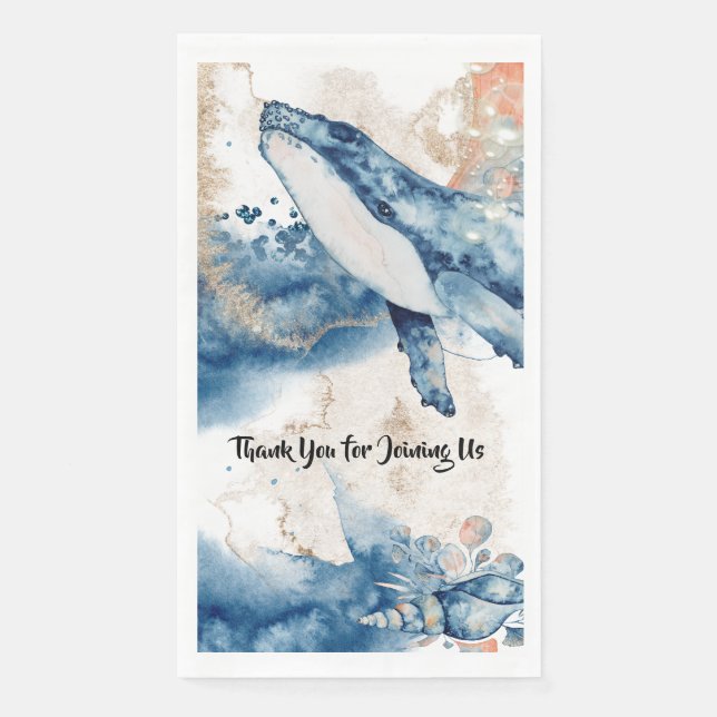 Serviette En Papier Baleine aquarelle océan mammifères bleu orange chi (Devant)
