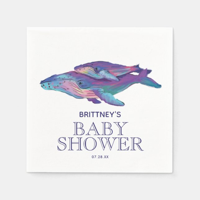Serviette En Papier Baleine peinte avec veau | Baby shower Napkin (Devant)