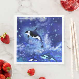 Serviette En Papier Baleines tueuses sur Pleine lune Napkins Bleu nuit