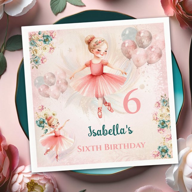 Serviette En Papier Ballerina Blond rose Turquoise Floral Fille Annive (Ballerina Blond Pink Teal Floral Girly Birthday Napkins)