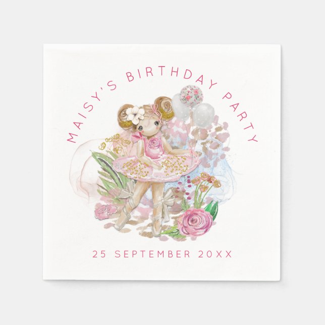 Serviette En Papier Ballerina Floral Rose Gold Nom Anniversaire (Devant)