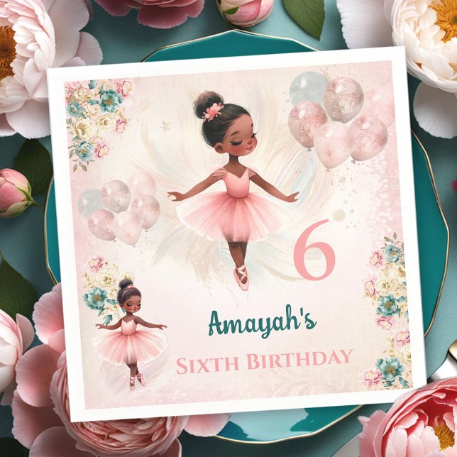 Serviette En Papier Ballerina Peau foncée rose Turquoise Floral Annive (Ballerina Dark Skin Pink Teal Floral Birthday Napkins)