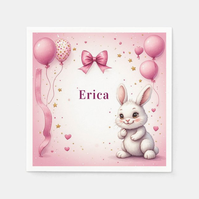 Serviette En Papier Ballon d'anniversaire lapin rose 🐰 (Devant)