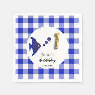 Serviette En Papier Ballon en feuille d'or Gingham bleu Poisson 1er An
