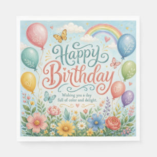 Serviette En Papier Ballons arc-en-ciel floraux aquarelles fantaisiste