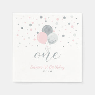 Serviette En Papier Ballons argentés et roses, Confettis Fille 1er Ann