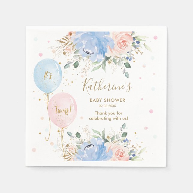Serviette En Papier Ballons bleu rose Floral C'est Baby shower jumeaux (Devant)