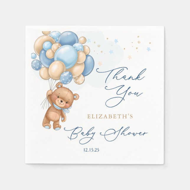 Serviette En Papier Ballons Bleus Teddy Bear Baby shower Merci (Devant)