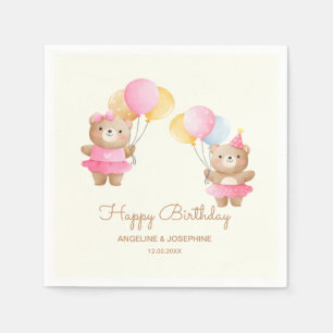 Serviette En Papier Ballons colorés Ours Filles Jumelles Anniversaire