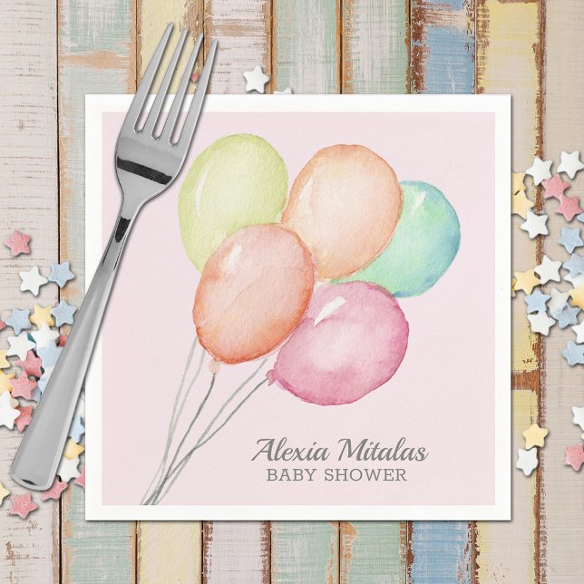 Serviette En Papier Ballons d'aquarelle sur Baby shower rose (Watercolor Balloons Girl Baby Shower Pink Napkins)