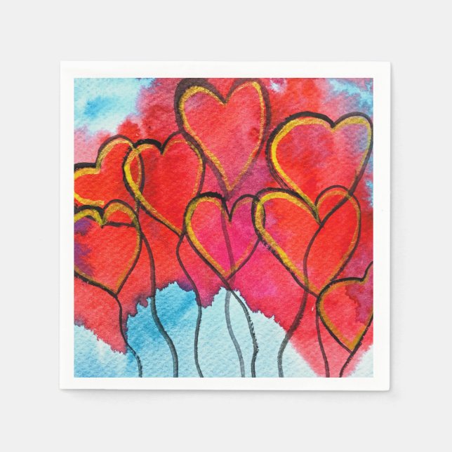 Serviette En Papier Ballons de coeur rouge Valentine aquarelle (Devant)