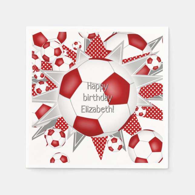 Serviette En Papier Ballons de football rouge étoiles anniversaire ou  (Devant)