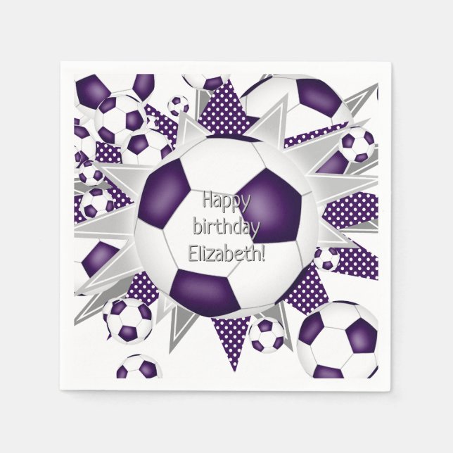 Serviette En Papier Ballons de football violet étoiles anniversaire ou (Devant)