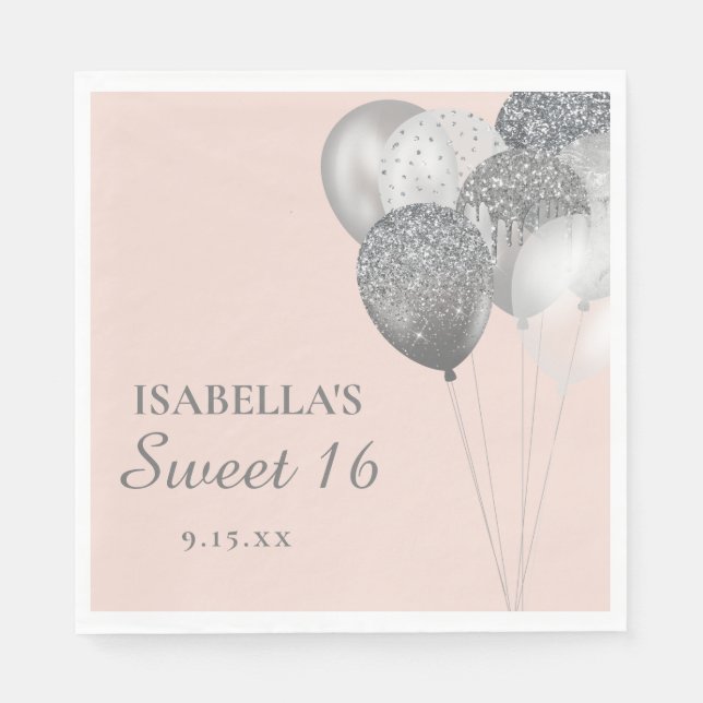 Serviette En Papier Ballons de Parties scintillant en argent rose vif  (Devant)