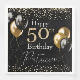 Serviette En Papier Ballons de Parties scintillant noir et or 50e anni
