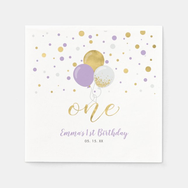 Serviette En Papier Ballons d'or et de violet, Fille Confetti 1er anni (Devant)